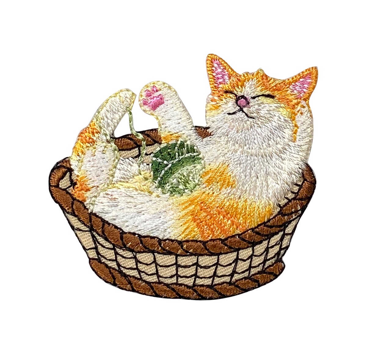 Orange Calico Cat in Basket, Playing with Yarn, Pets, Kitten, Embroidered, Iron on Patch